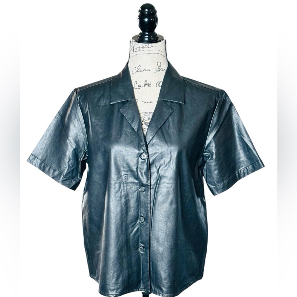 NWT - Banana Republic Black Vegan Leather Button Down Shirt | Women SM, MED, LG
